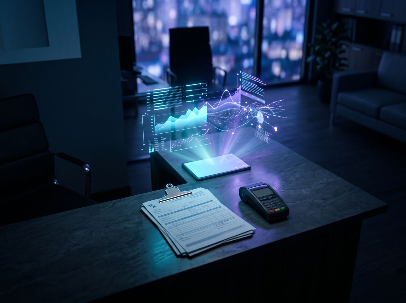 Mesa da recepção com guias de convênio, maquininha de cartão e gráficos holográficos